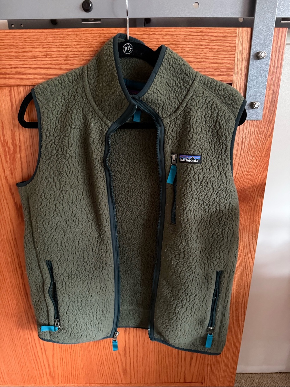 Patagonia Men's Olive Green Sherpa Fleece Vest with Teal Accents